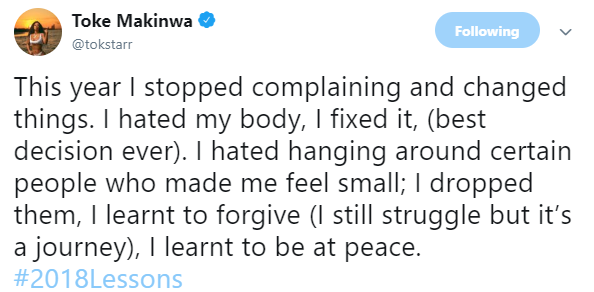 The best decision I took this year was fixing my body- Toke Makinwa