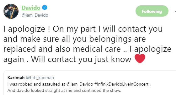 Davido reaches out to lady who was sexually assaulted at his concert
