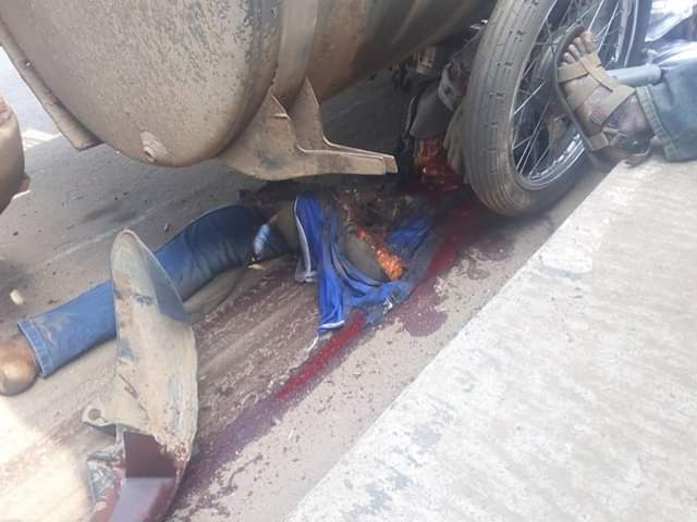 Graphic: Fuel tanker crushes commercial motorcyclist to death in Ondo few weeks after his wedding
