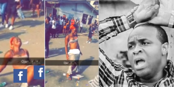 Lady strips off in the middle of a road in Mushin, Lagos