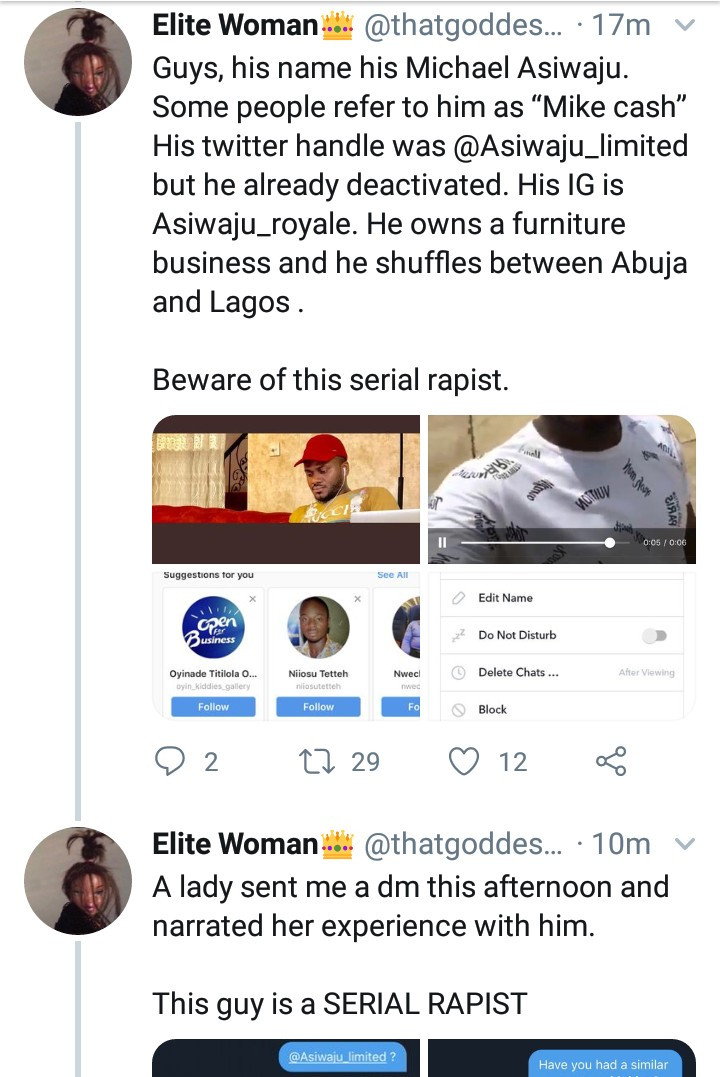 Twitter users accuse a man of being a serial rapist as alleged victim shares screenshots and narrates how he allegedly raped her