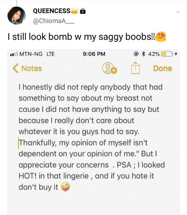  "I still look bomb with my saggy boobs"- Beautiful Nigerian lady replies trolls as she trends on Twitter