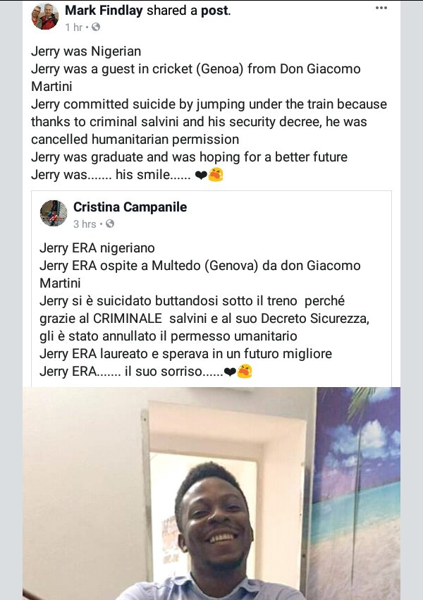 Nigerian migrant commits suicide in Italy by jumping under a train after his request for residency permit was rejected