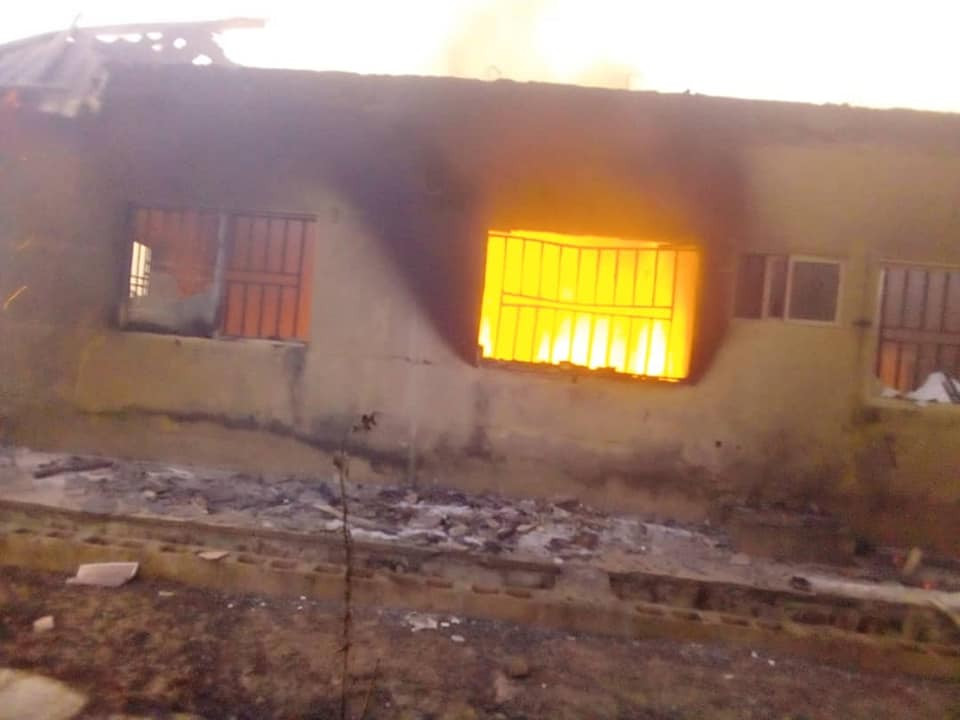 Photos: INEC office in Plateau set ablaze by drunk security officer, PVCs and other items burnt