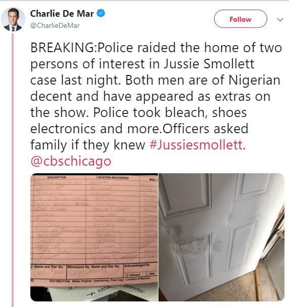Police raid?the home of two men said to be Nigerians allegedly involved in the homophobic attack against?Jussie Smollett?