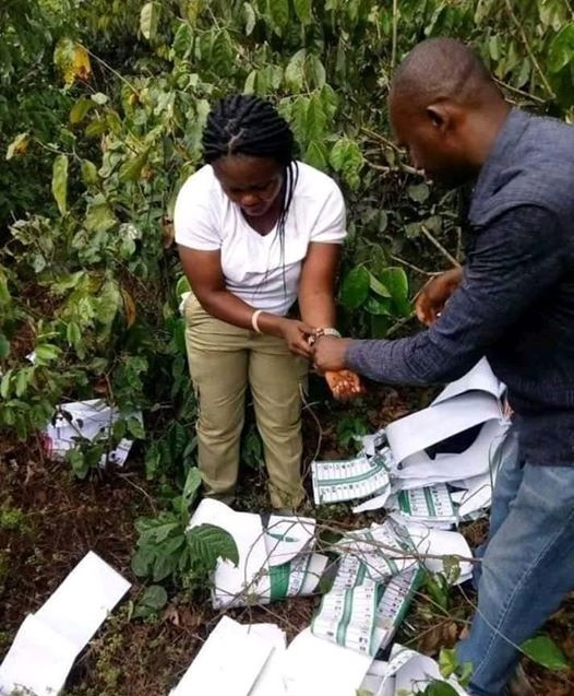  Photos: Female Corps member allegedly caught in the bush destroying ballot papers in Imo