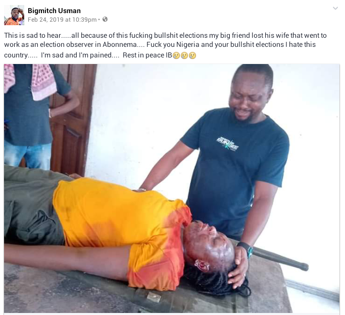 Heartbreaking photo of husband of late INEC staff crying over body of his wife killed during elections in Rivers state