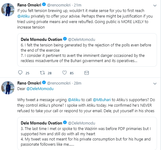 Atiku: When you had a disagreement with Davido, I did not come on twitter to advise you- Reno Omokri replies Dele Momodu