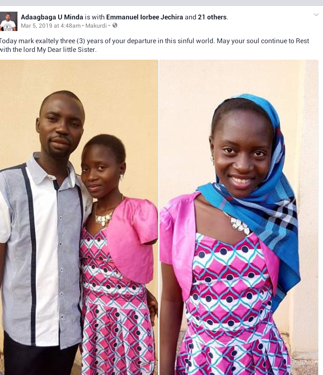 Photos: Man killed in accident in Makurdi 15 hours after he shared a post on Facebook to mark 3rd anniversary of his little sister