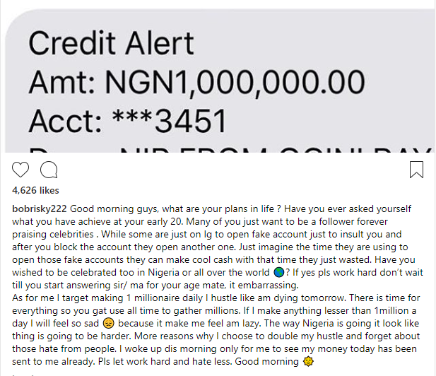 "Work hard and hate less" Bobrisky silences his haters by sharing his bank account statement 
