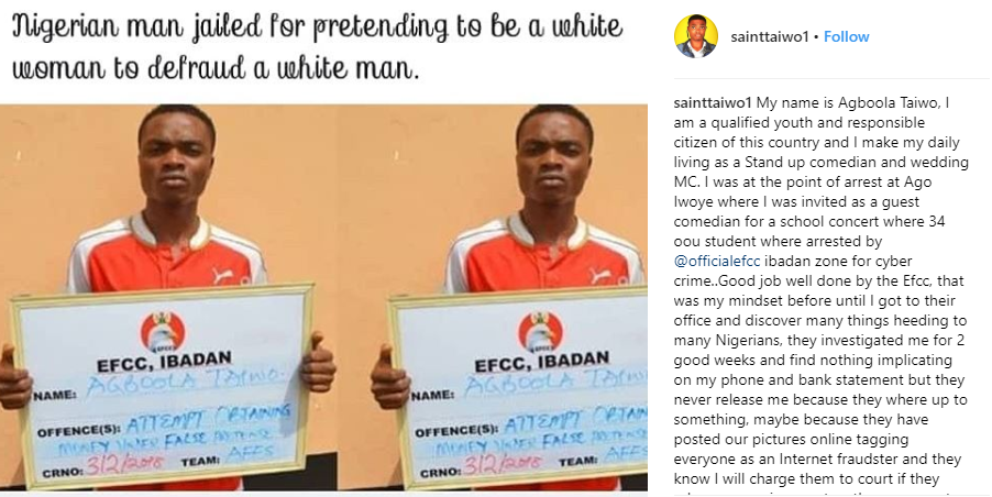 Comedian Saint Taiwo accuses EFCC of wrongful arrest and tarnishing his image