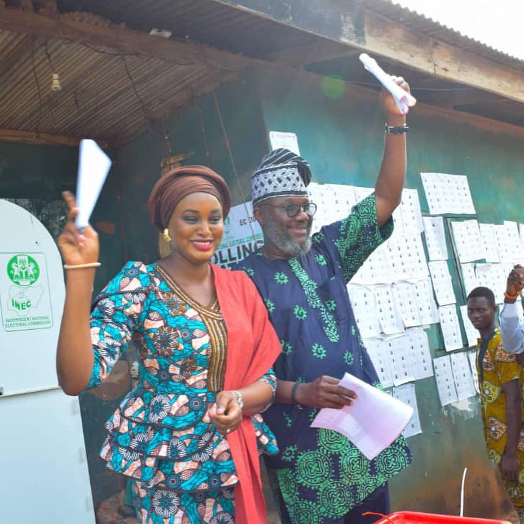Photos: Ex-beauty queen, Chinenye Ochuba and her governorship aspirant hubby Adekunle Akinlade cast their votes
