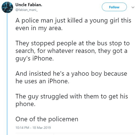 Policeman allegedly struggling with suspect over an iPhone accidentally kills 14-year-old girl in Ikorodu