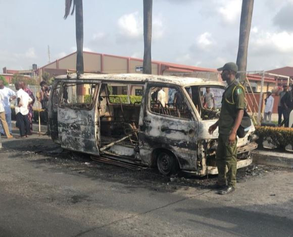 Photos/Video: Commercial bus goes up in flames inside Unilag