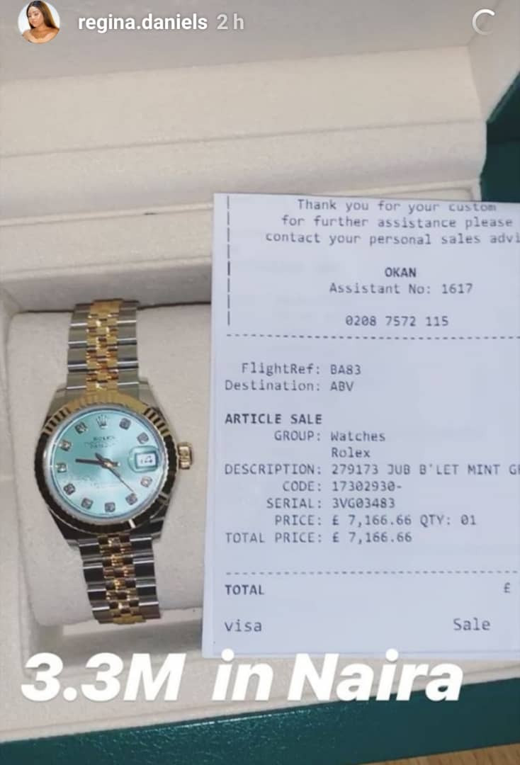 Actress Regina Daniels shows off N3.3m Rolex watch, claims it is hers!