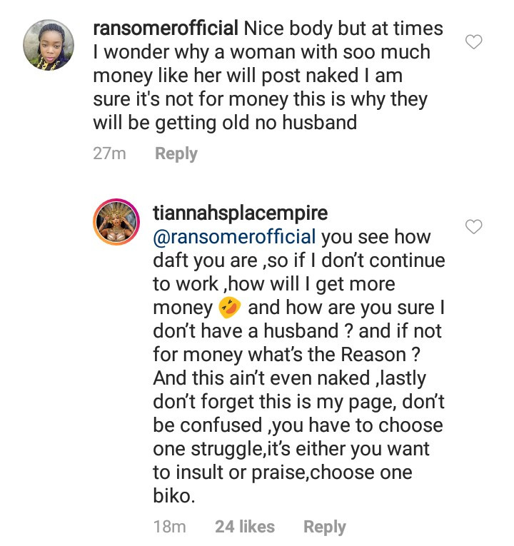 Toyin Lawani bares her butt then slams follower who called her out for it