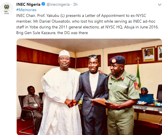 INEC offers automatic employment to Corps member who lost his sight during the election (photo)