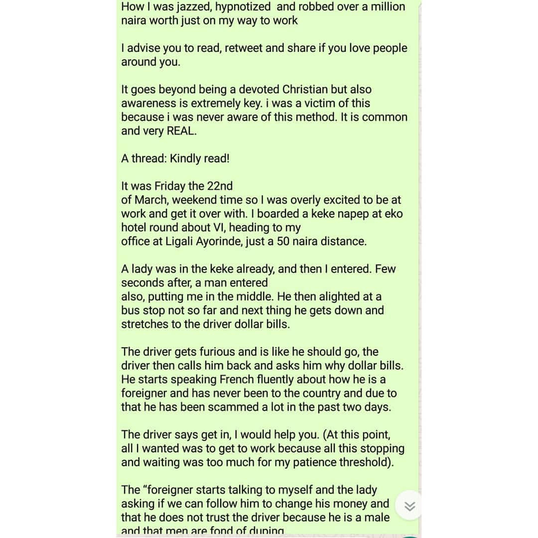 Nigerian lady recounts how she was hypnotised and duped of N1 million in Lagos