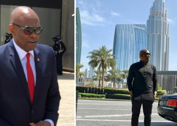 Billionaire Tony Elumelu poses in front of the tallest building in the world