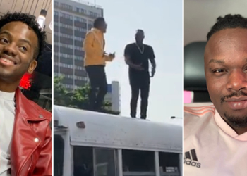 The moment Dr Sid and Korede Bello shoots video on top of a bus