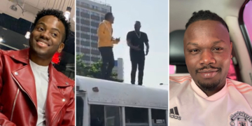 The moment Dr Sid and Korede Bello shoots video on top of a bus
