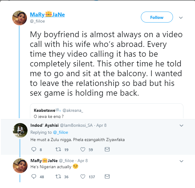 South African lady who is dating a married Nigerian man says she can