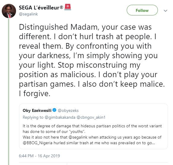 Nigerians take sides as Segalink and Oby Ezekwesili drag each other over 