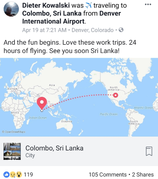 "And the fun begins. See you soon Sri Lanka" - American businessman writes hours before he was killed in the Sri Lanka terror attack
