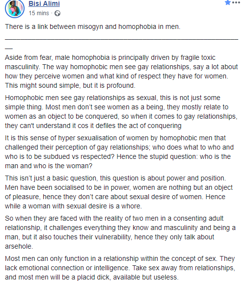 "Take sex away from relationships, and most men will be useless" Bisi Alimi says as he points out the link between misogyn and homophobia in men