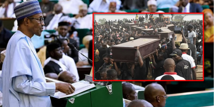 President Muhammadu Buhari; Inset: Mass burial for massacre victims