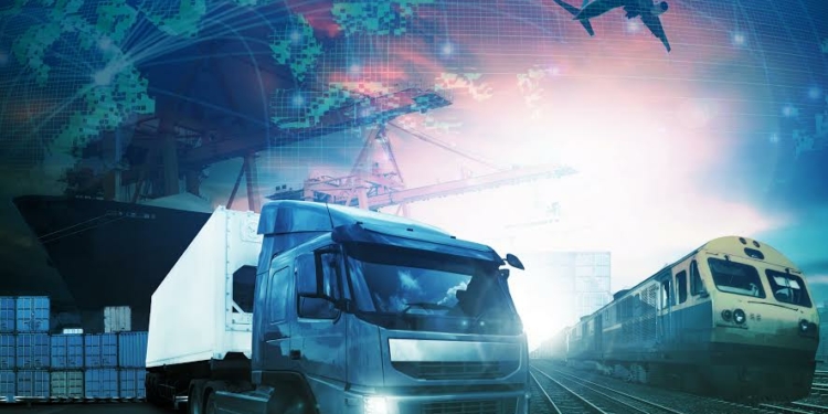 world trading with industries truck,trains,ship and air cargo freight logistic background use for all import export transportation theme