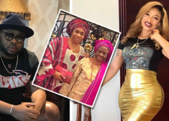Tonto Dikeh, Olakunle Churchill; Inset: Chuchil's mother and sibling