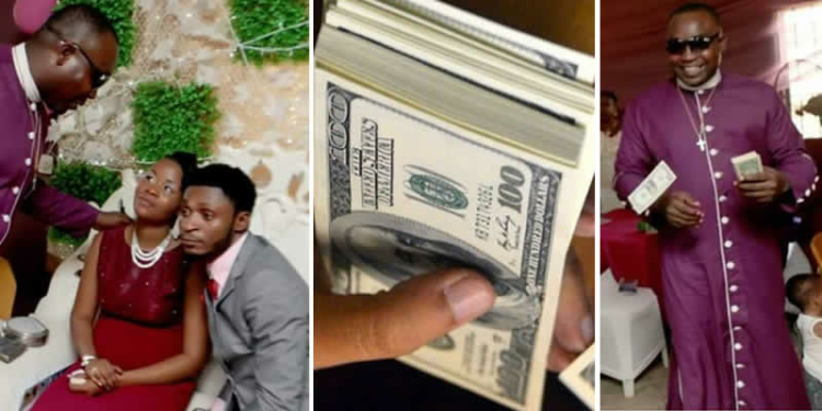 Pastor Ephraim Ononye sprays dollars at a wedding
