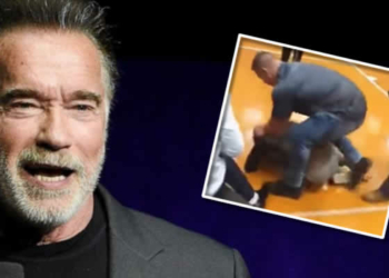 Arnold Schwarzenegger is dropped kicked in the back at an event in South Africa