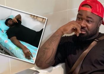 Harrysong; INSET: The singer on sick bed in Ghana