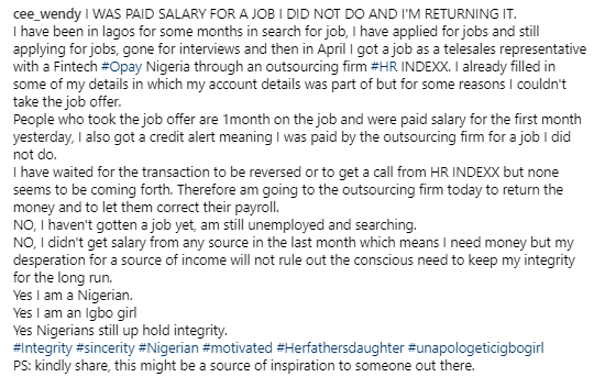 Honest Nigerian woman returns money a company she didn