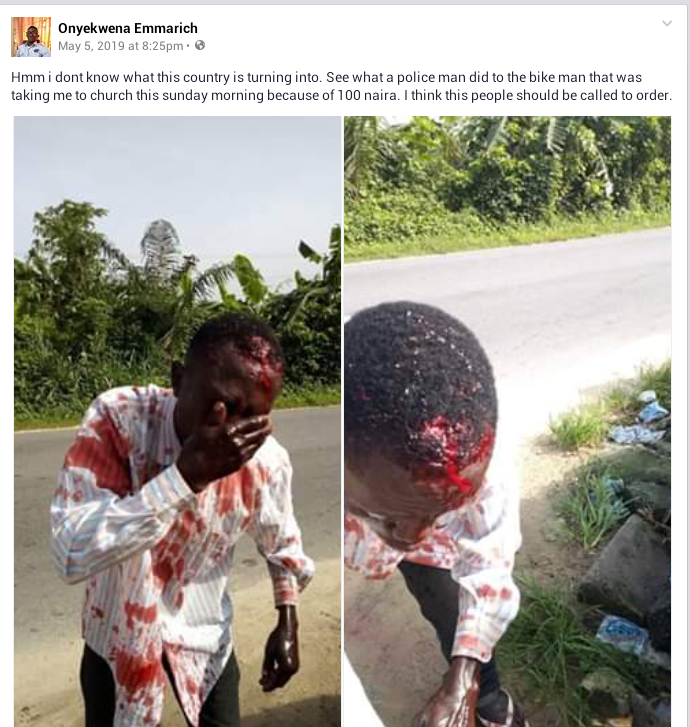 Graphic: Man accuses police officer of battering a commercial motorcyclist who refused to offer N100 bribe