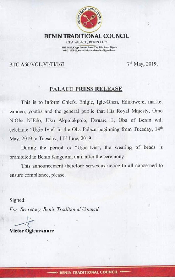 Oba of Benin bans the wearing of beads in his kingdom