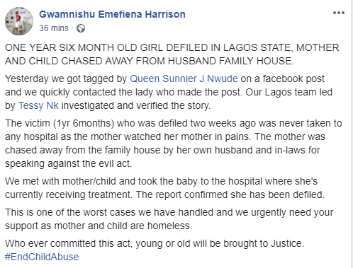 Photos: One year old baby allegedly defiled by 7-year-old cousin in Lagos; mother and child chased from husband