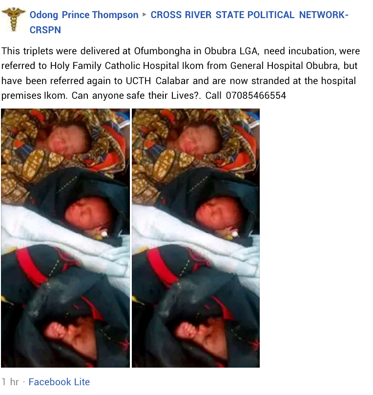  Photo: Newborn triplets in need of incubation reportedly stranded at a hospital premises in Cross River state