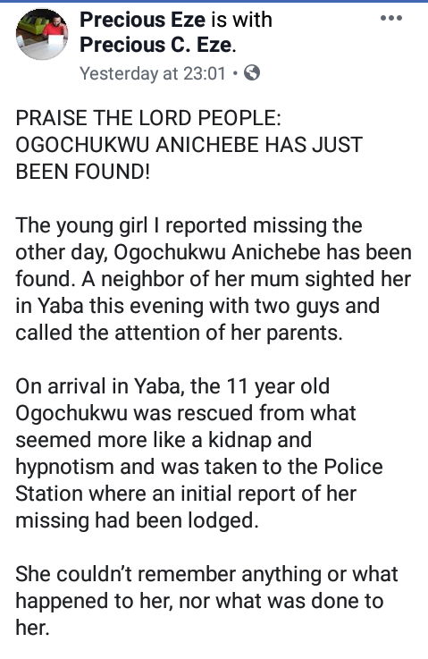 Update: Missing 11-year-old girl found disoriented in Lagos; suspected to have been hypnotized and kidnapped