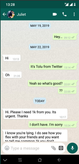 Twitter user shares screenshots of rude messages a woman allegedly sent to him after he refused to give her ?1,000