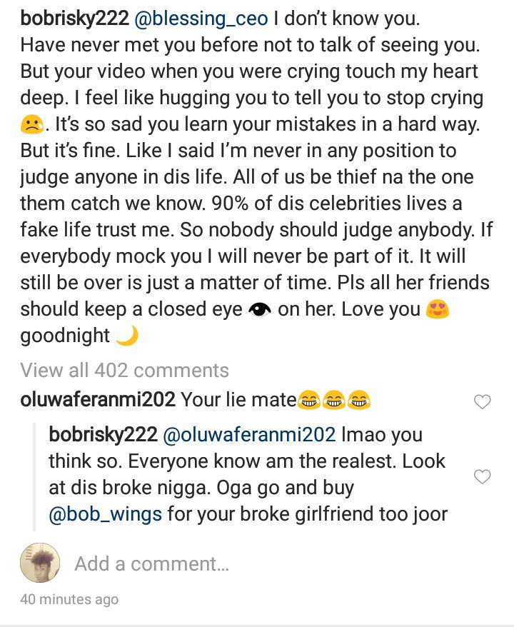 Bobrisky sends message of support to relationship blogger, Blessing Okoro after she released a new video accusing Onye Eze of setting her up (video)