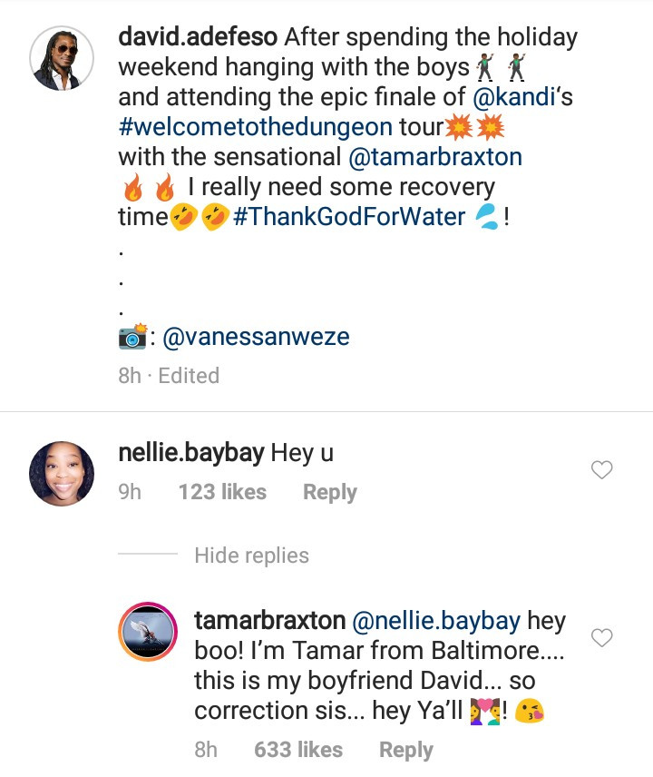 Between Tamar Braxton and a follower who said "hi" to her Nigerian boyfriend