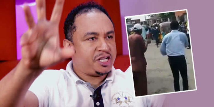 Daddy Freeze; INSET: Cosmas Maduka and his interpreter preaching