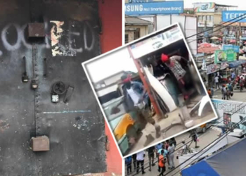 Shops belonging to Nigerians locked in Kumasi, Ghana; INSET: Scene of destruction and looting