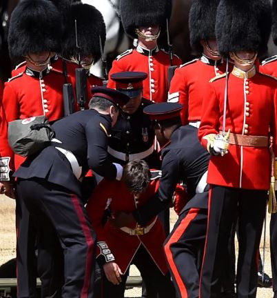 Lol! Two guardsmen faint during rehearsals for the Queen?s birthday celebrations next week (Photos)