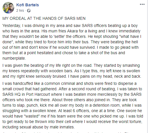 OAP, Kofi Bartel, allegedly attacked by SARS officers for speaking against their operations in Rivers (photos)