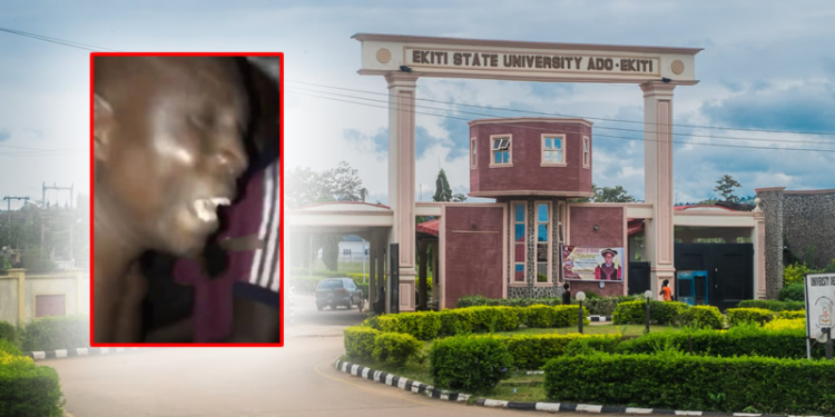 Ekiti State University (EKSU) main gate; INSET: Accused lecturer at the scene of incident