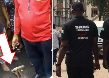Left: Eyewitnesses surounding victim on the floor; Right: Filed photo of SARS Operatives
